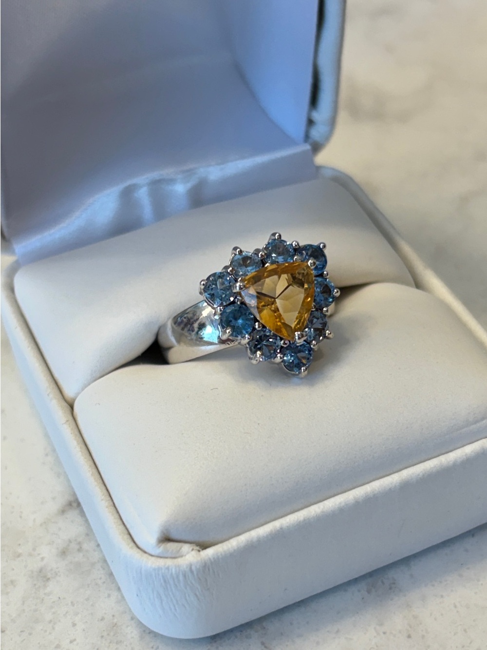 14K Solid White Gold Citrine and Blue Topaz Halo Gemstone Ring